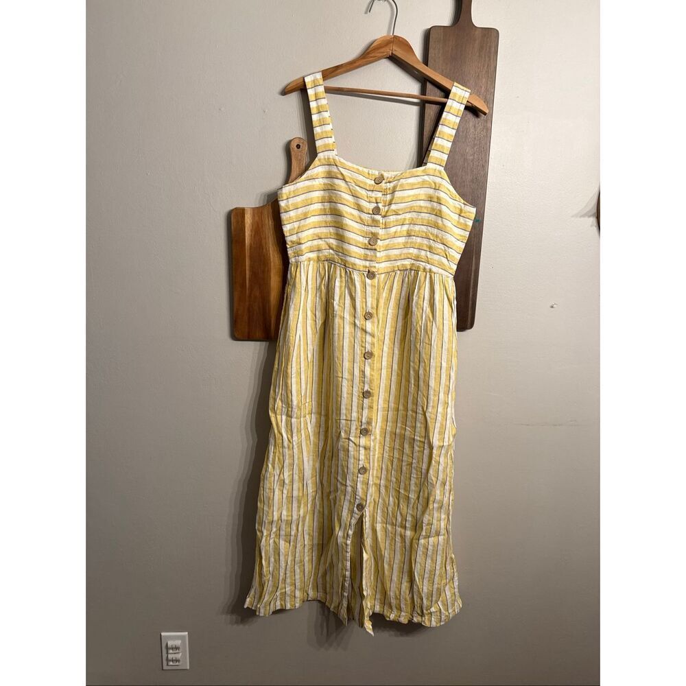 Rachel Zoe Yellow Ivory Mixed Stripe‎ Button Down Linen Sheath Dress Size 8